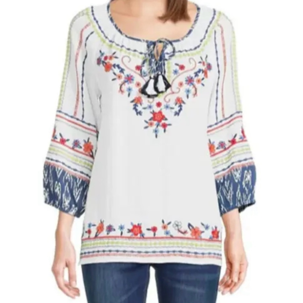 John Mark White Boho Tunic with Embroidered Flowers light Weight Airy Relaxed
